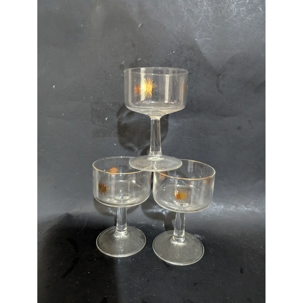 Vintage Mid Century Gold Atomic Starburst Coupe Champagne Glasses Set of 3